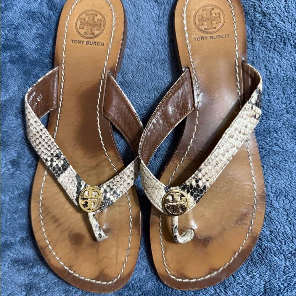 Tory Burch Brown and Cream Snakeskin Sandals